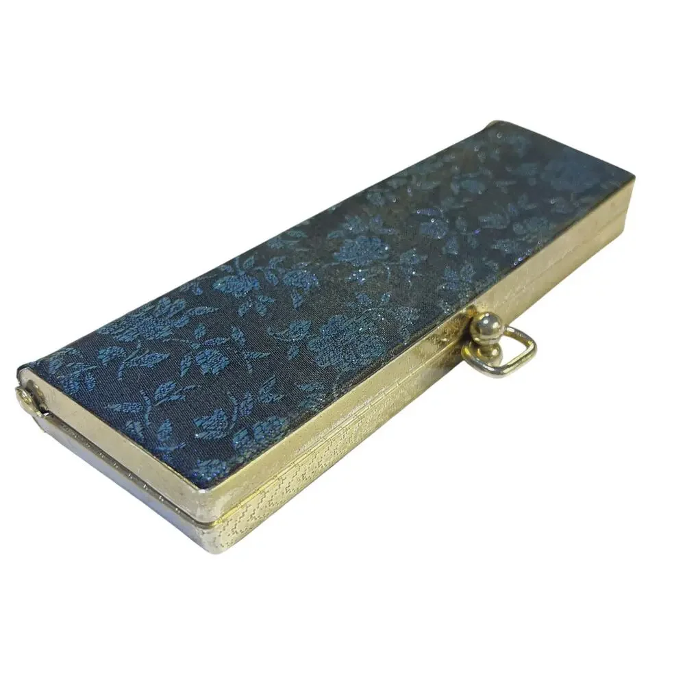 Vintage Blue Floral Brocade Kiss Lock Eyeglass Case Satin Lined 6.5”